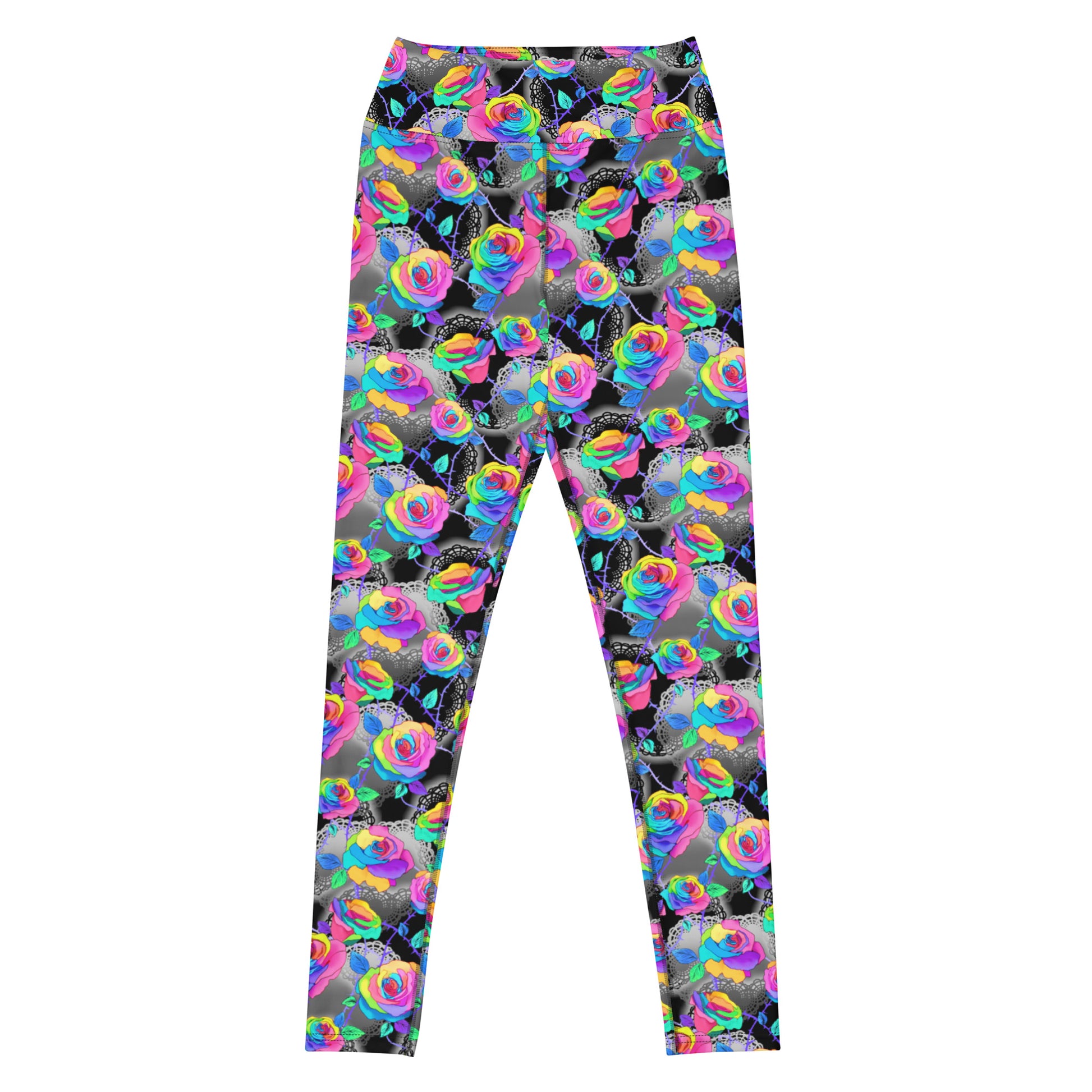 High-waisted Enchanted Rose Leggings showcase vibrant rose patterns, blending style and performance perfectly.