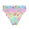 High-waisted Rainbow Candy Bikini Bottom features a playful pastel design, perfect for beach days and spa visits.