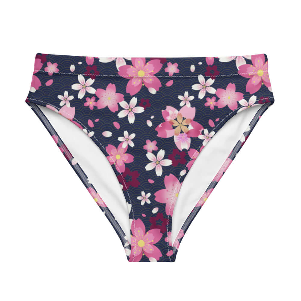 High-waisted Sakura Bikini Bottom features a floral design, perfect for beach days or relaxing spa visits.