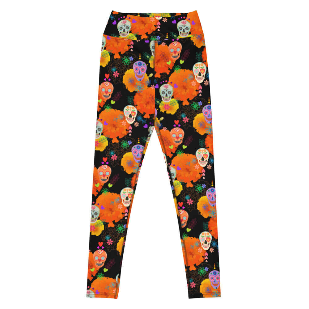 Bright and colorful High-waisted Sugar Skull Leggings for a vibrant look, perfect for any active lifestyle.