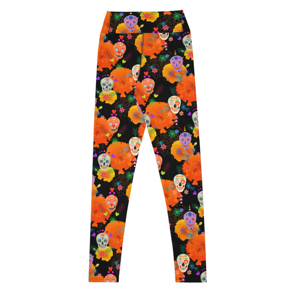Colorful High-waisted Sugar Skull Leggings featuring vibrant skull designs, perfect for adding flair to your outfit.