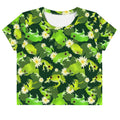 Kero-kero Crop Top features a fun frog design, perfect for fans of cute, stylish apparel. Ideal for everyday wear!