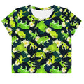 Bright and playful Kero-kero Crop Top featuring cute frogs and flowers, perfect for adding fun to your wardrobe.