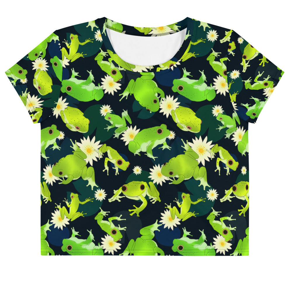 Bright and playful Kero-kero Crop Top featuring cute frogs and flowers, perfect for adding fun to your wardrobe.