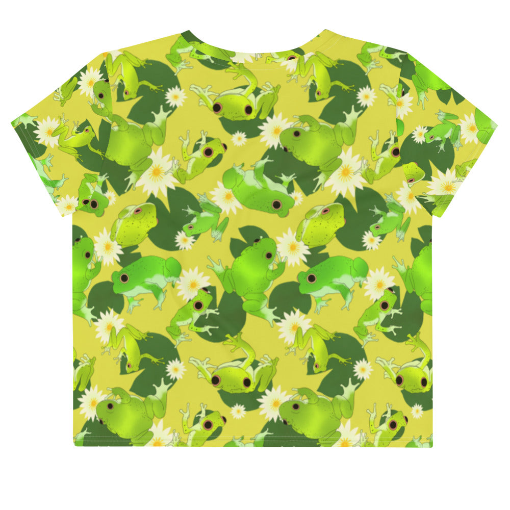 Cute Kero-kero Crop Top featuring vibrant frog patterns, perfect for frog lovers and any casual wardrobe.