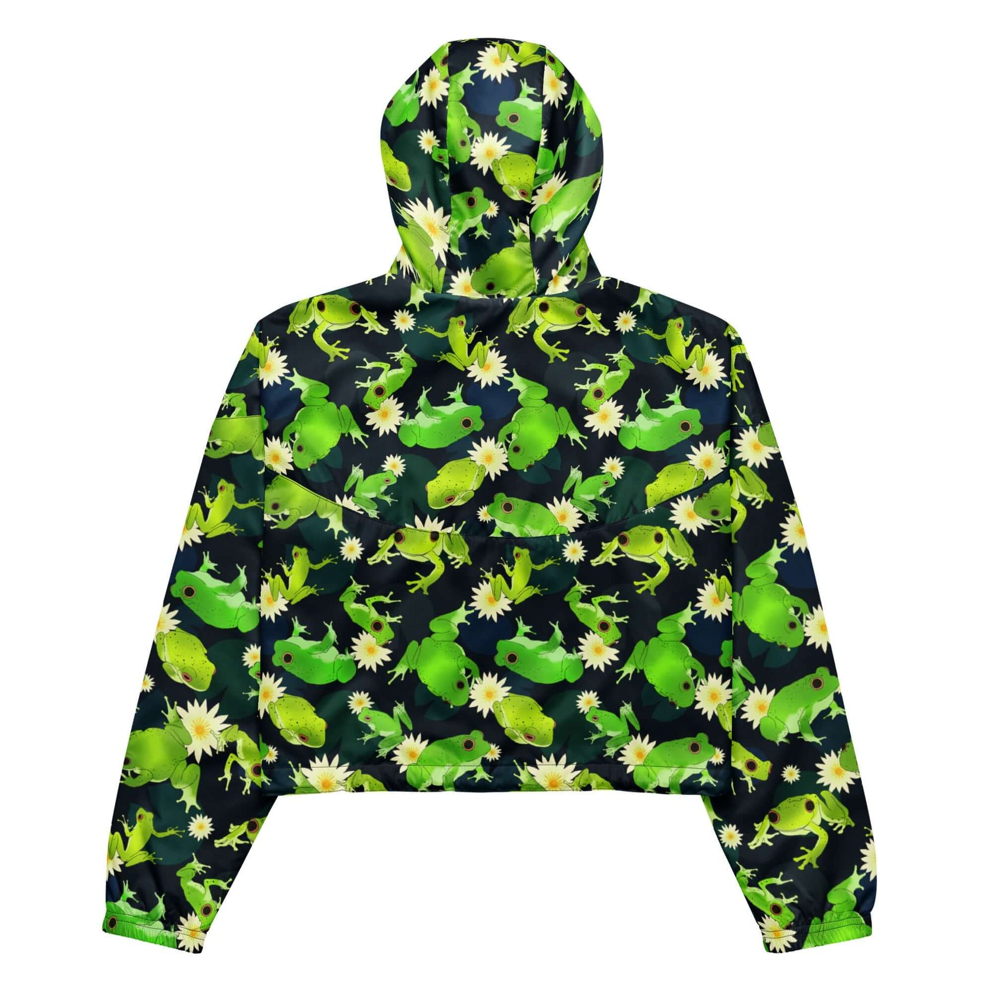 Stylish Kero-kero cropped windbreaker features a vibrant frog print, perfect for adventures and staying dry.