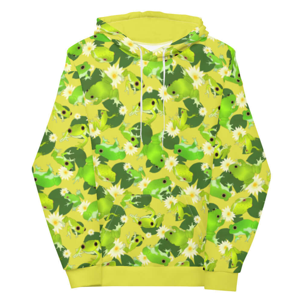 Vibrant Kero-kero Hoodie featuring playful frog prints, perfect for frog enthusiasts and comfort lovers alike.