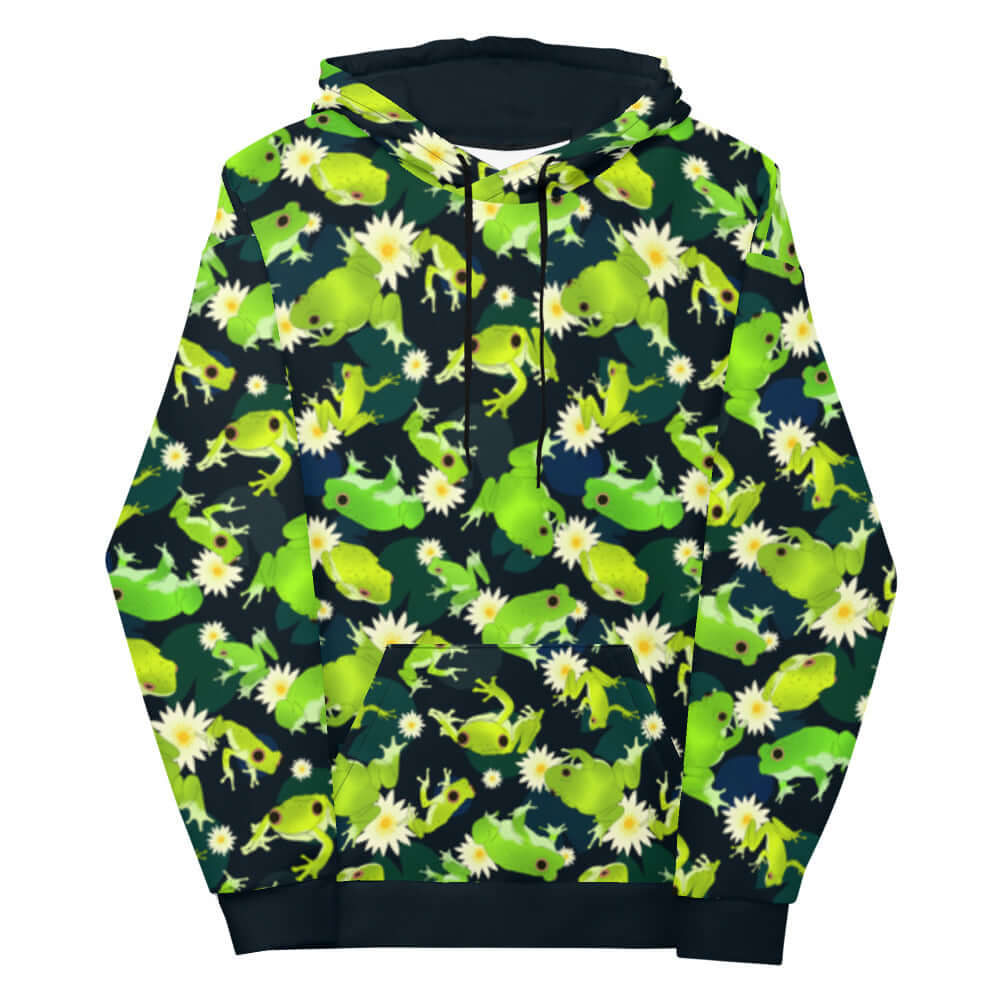 Kero-kero Hoodie featuring vibrant frog prints, perfect for frog fans seeking comfort and style.