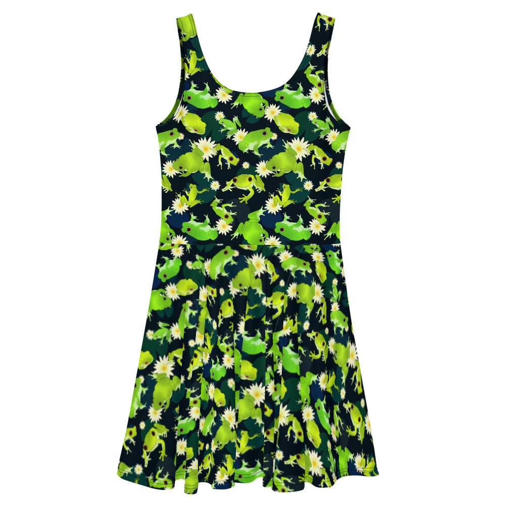 Kero-kero Skater Dress featuring vibrant frog patterns and a flared skirt, perfect for showcasing your style.