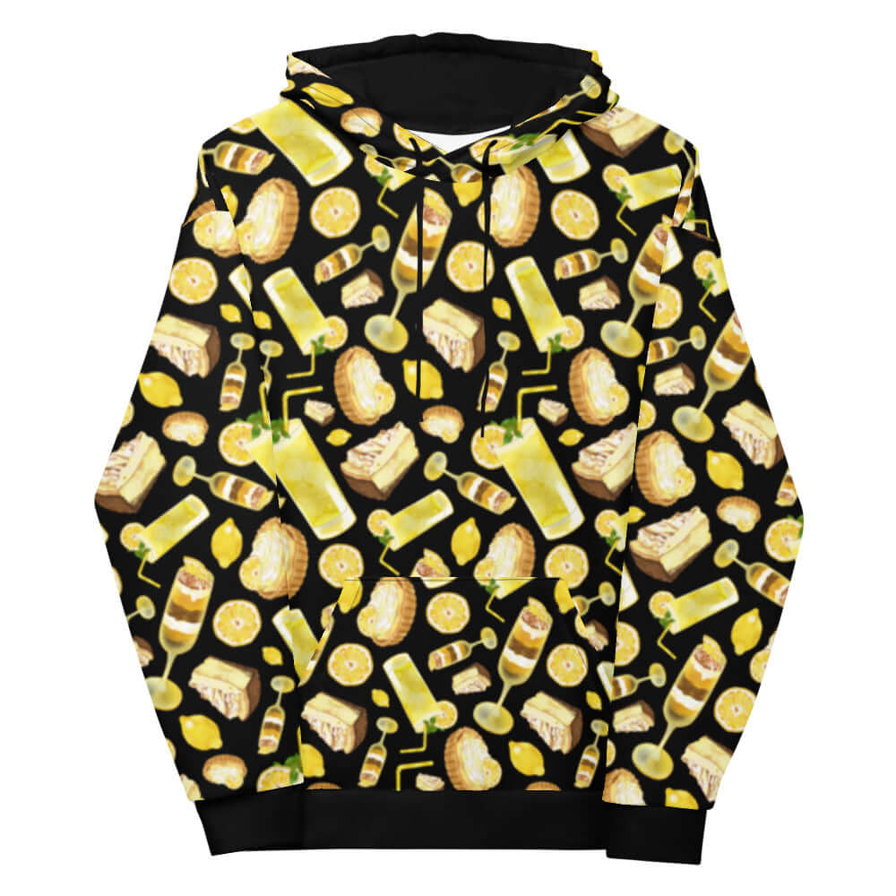 Vibrant Lemon Hoodie featuring cheerful lemon print, perfect for adding sunshine to your day. Ideal unisex comfort wear.