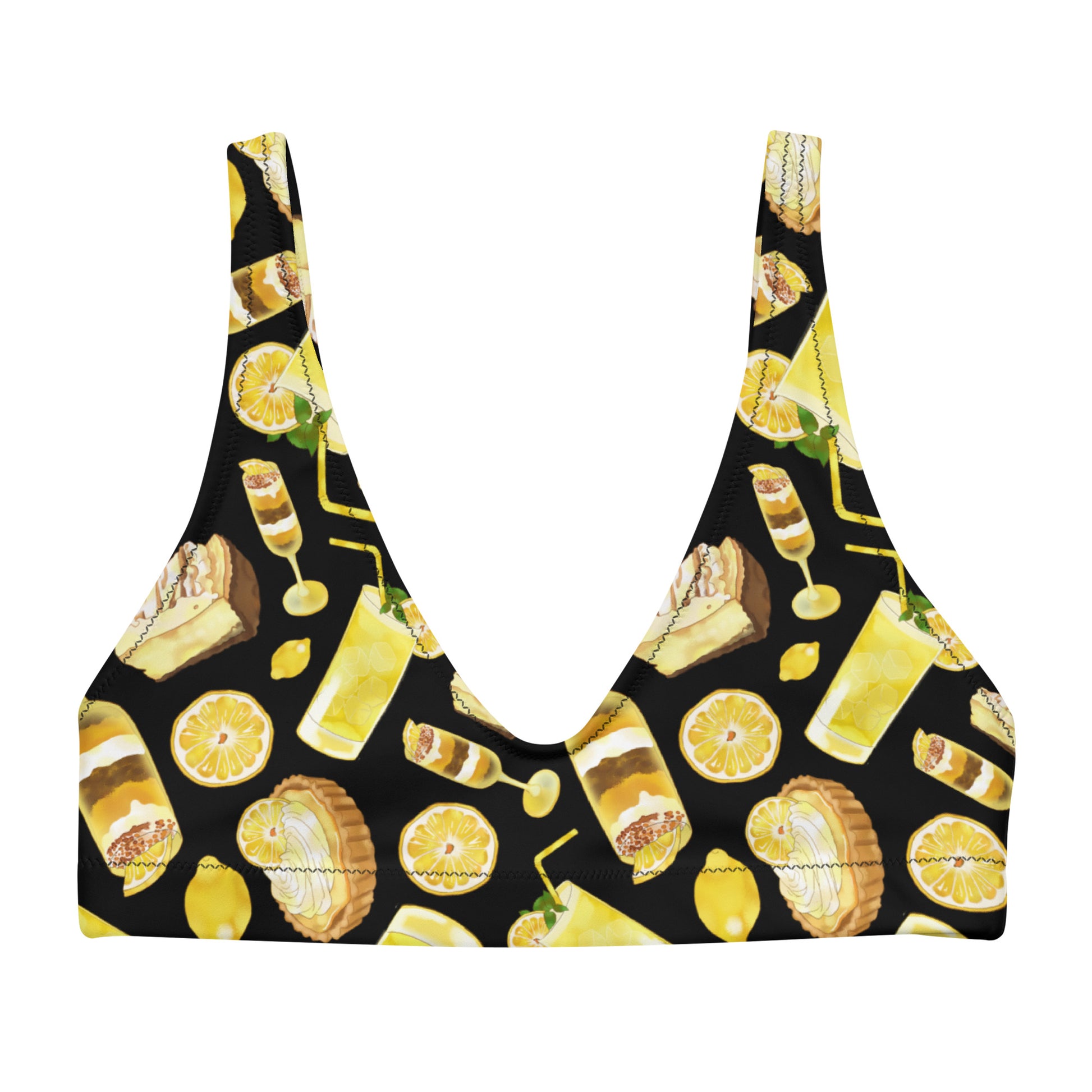 Bright yellow Lemon Padded Bikini Top, featuring a fun print, perfect for mixing and matching with trendy bikini bottoms.