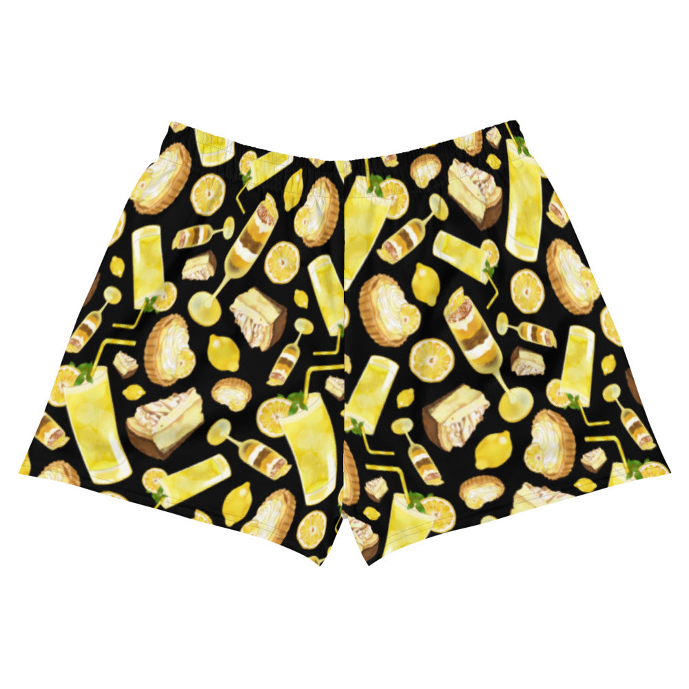 Bright yellow Lemon Athletic Short Shorts featuring a fun dessert-themed print, perfect for workouts and comfort.
