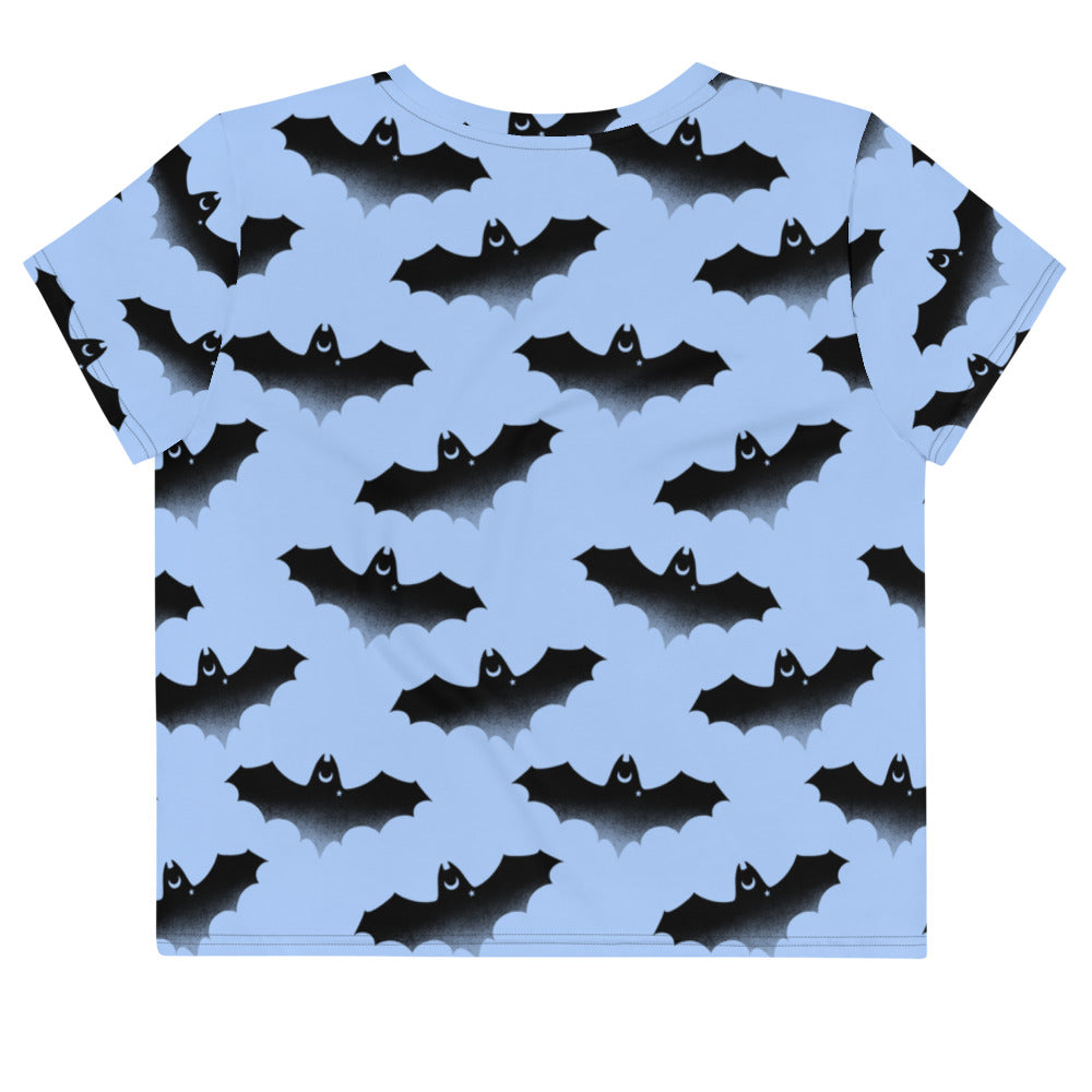 Stylish Lilith Crop Top featuring a bat design, perfect for workouts or everyday wear. 95% polyester and 5% elastane.