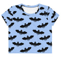 Lilith Crop Top featuring a fun bat pattern, perfect for gym or casual wear. A must-have for edgy fashion lovers!