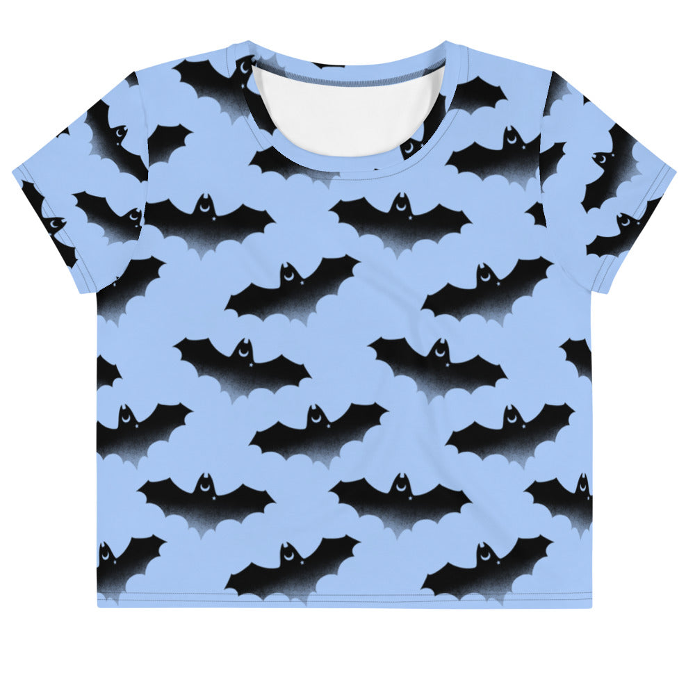 Lilith Crop Top featuring a fun bat pattern, perfect for gym or casual wear. A must-have for edgy fashion lovers!