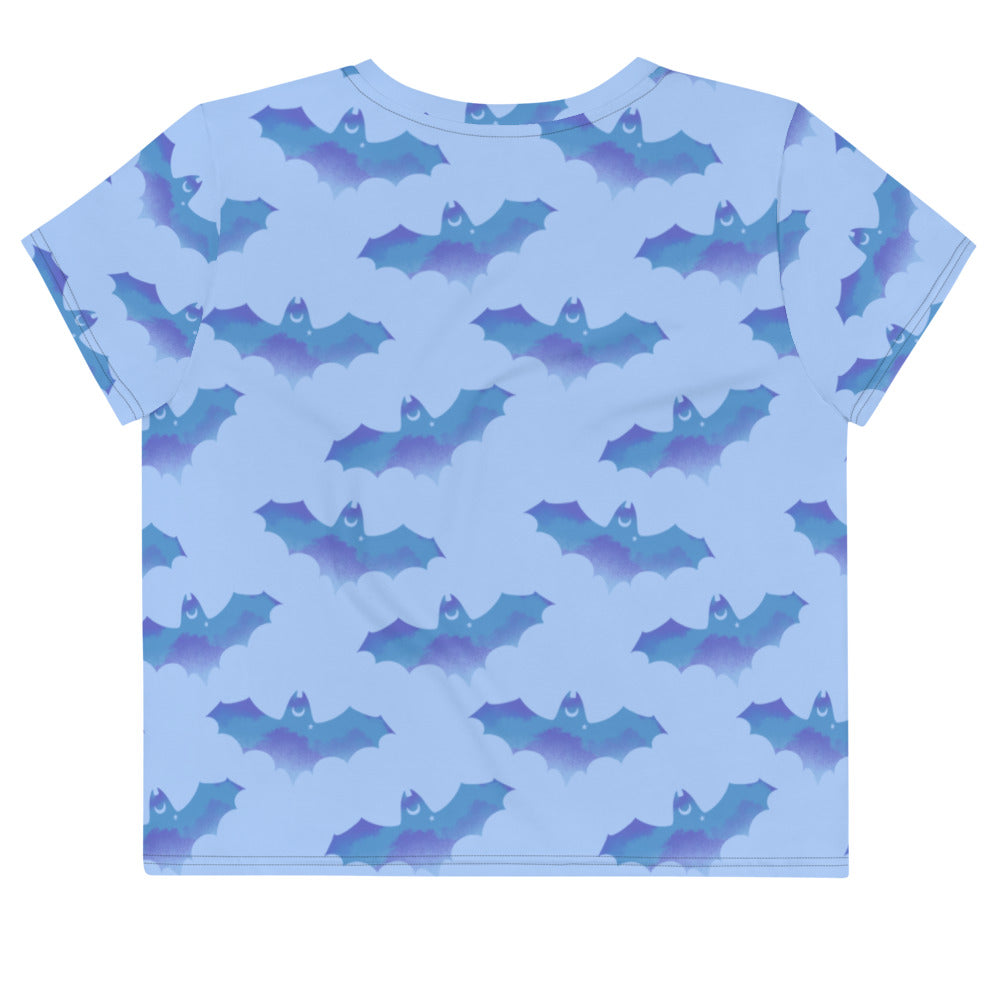 Stylish Lilith Crop Top featuring a whimsical bat design, perfect for workouts or casual wear. Ideal for unique fashion lovers.