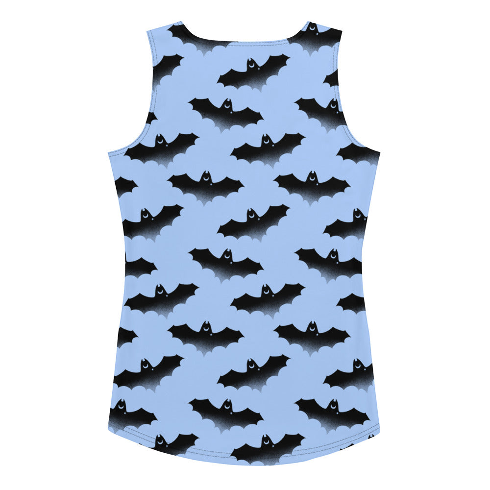 Stylish Lilith Tank Top featuring playful bat prints, perfect for sunny days and a body-hugging fit.