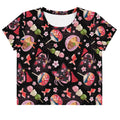 Matsuri Crop Top features a vibrant design with dango, pink blossoms, and goldfish, perfect for spring and summer outfits.