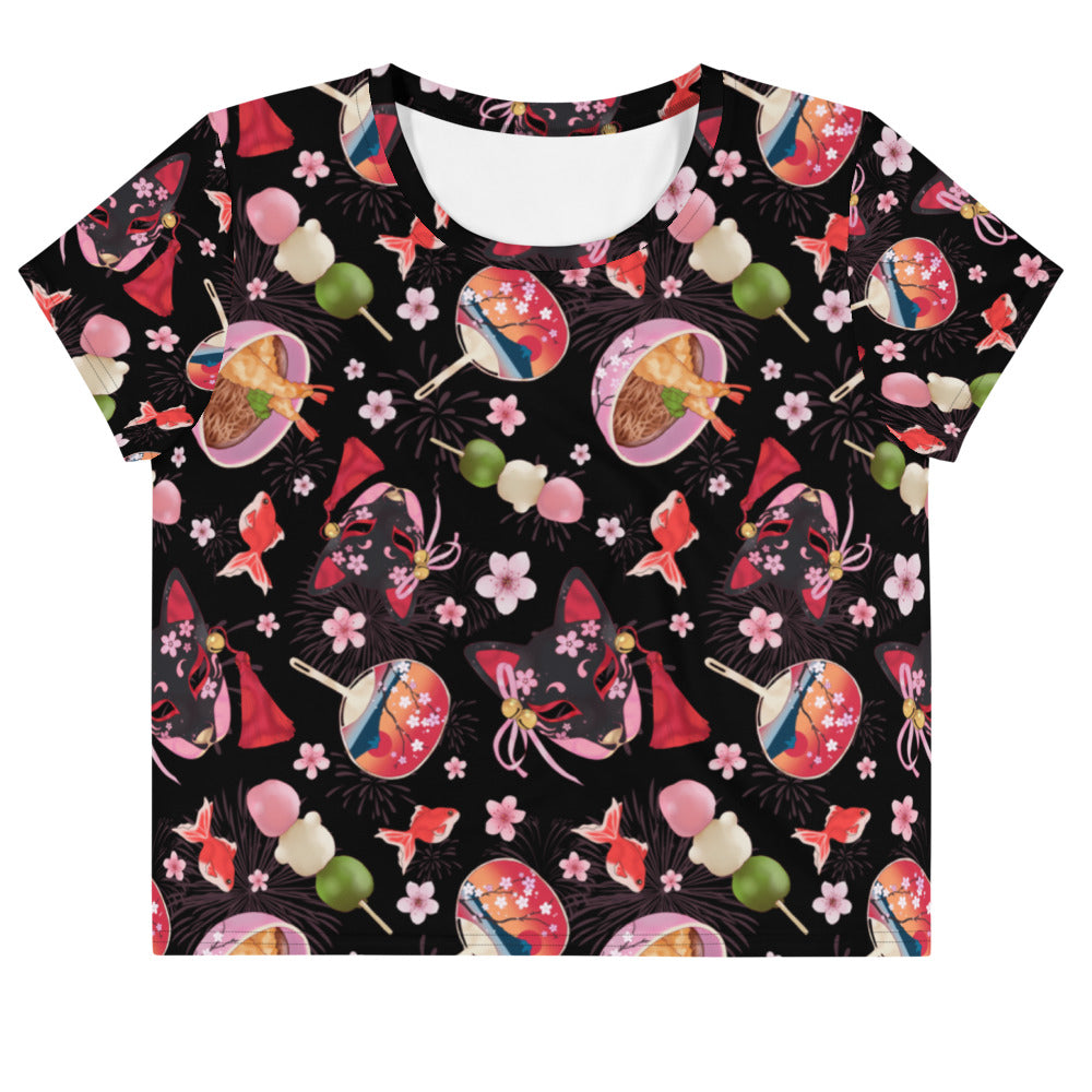 Matsuri Crop Top features a vibrant design with dango, pink blossoms, and goldfish, perfect for spring and summer outfits.