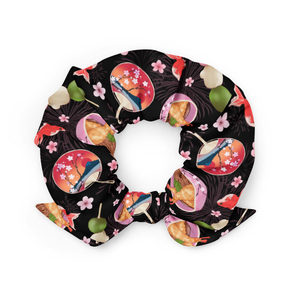 Colorful Matsuri Scrunchie featuring floral patterns, perfect to elevate your style at any occasion or workout.