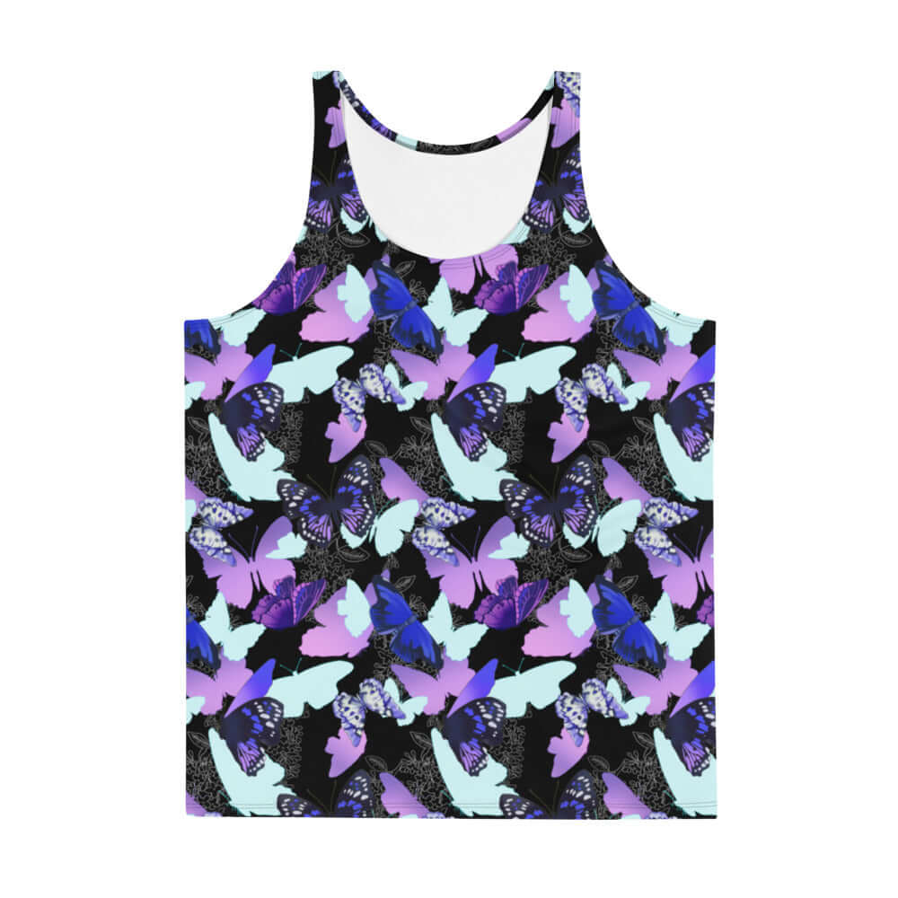 Vibrant Men's Butterfly Tank Top featuring colorful butterfly patterns, perfect for a stylish summer look.