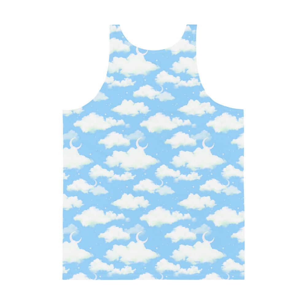 Men's Cloudy Sky Tank Top features a vibrant cloud pattern, soft fabric, and a relaxed fit for ultimate comfort.