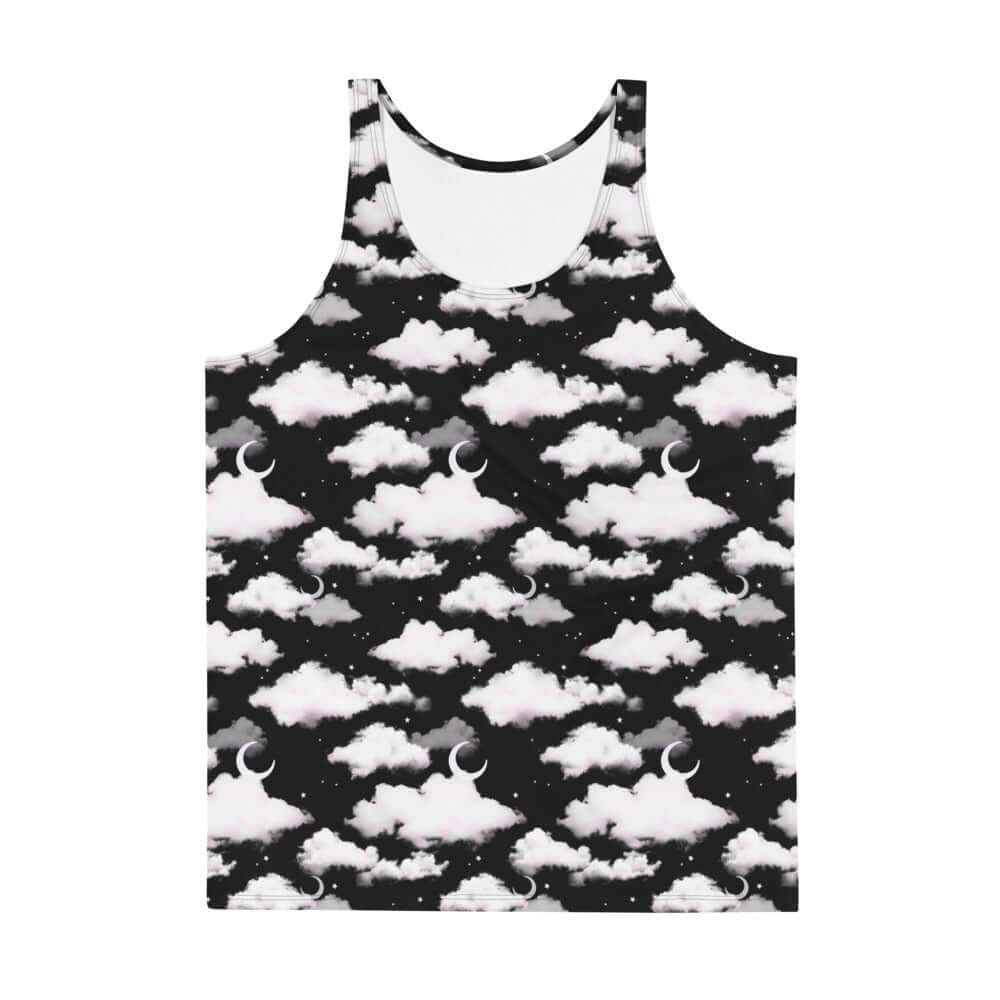 Men's Cloudy Sky Tank Top featuring a vibrant cloud design, perfect for a relaxed and stylish look.