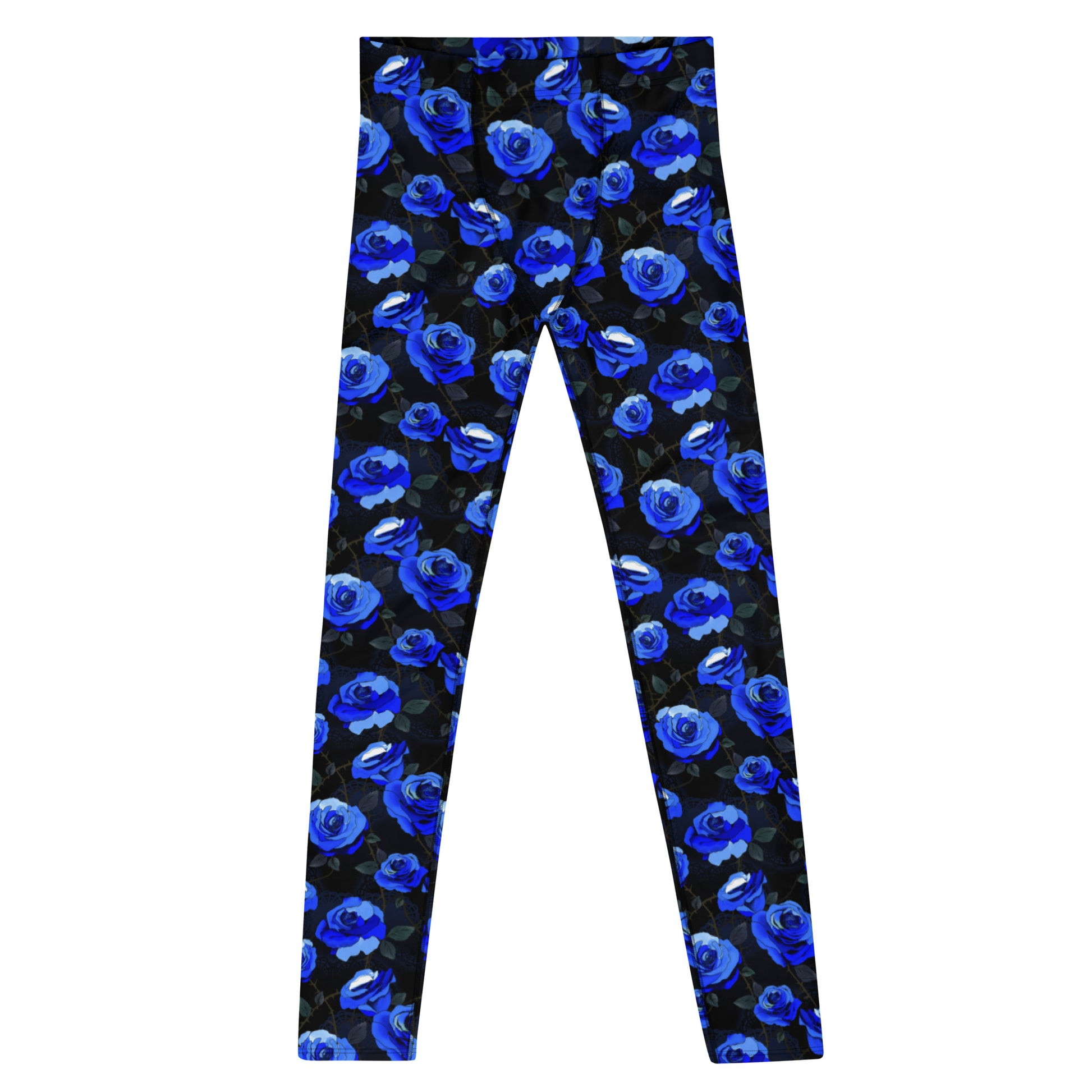 Stylish Men's Enchanted Rose Leggings featuring elegant blue rose patterns, perfect for any activity.