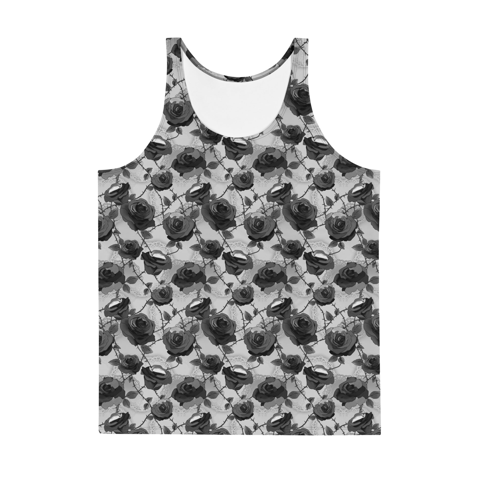 Men's Enchanted Rose Tank Top features a dark floral design, perfect for workouts or nights out in style.
