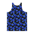 Men's Enchanted Rose Tank Top features vibrant blue roses on a dark background, perfect for workouts or nights out.