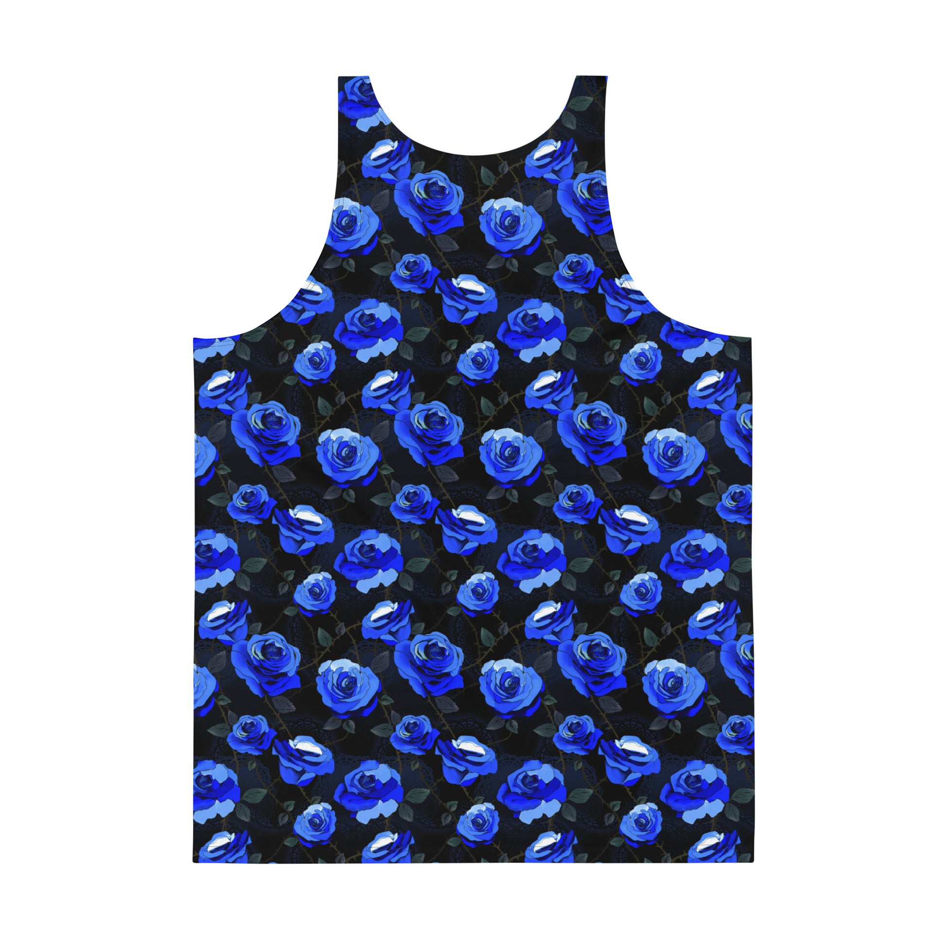 Men's Enchanted Rose Tank Top features vibrant blue roses on a dark background, perfect for workouts or nights out.
