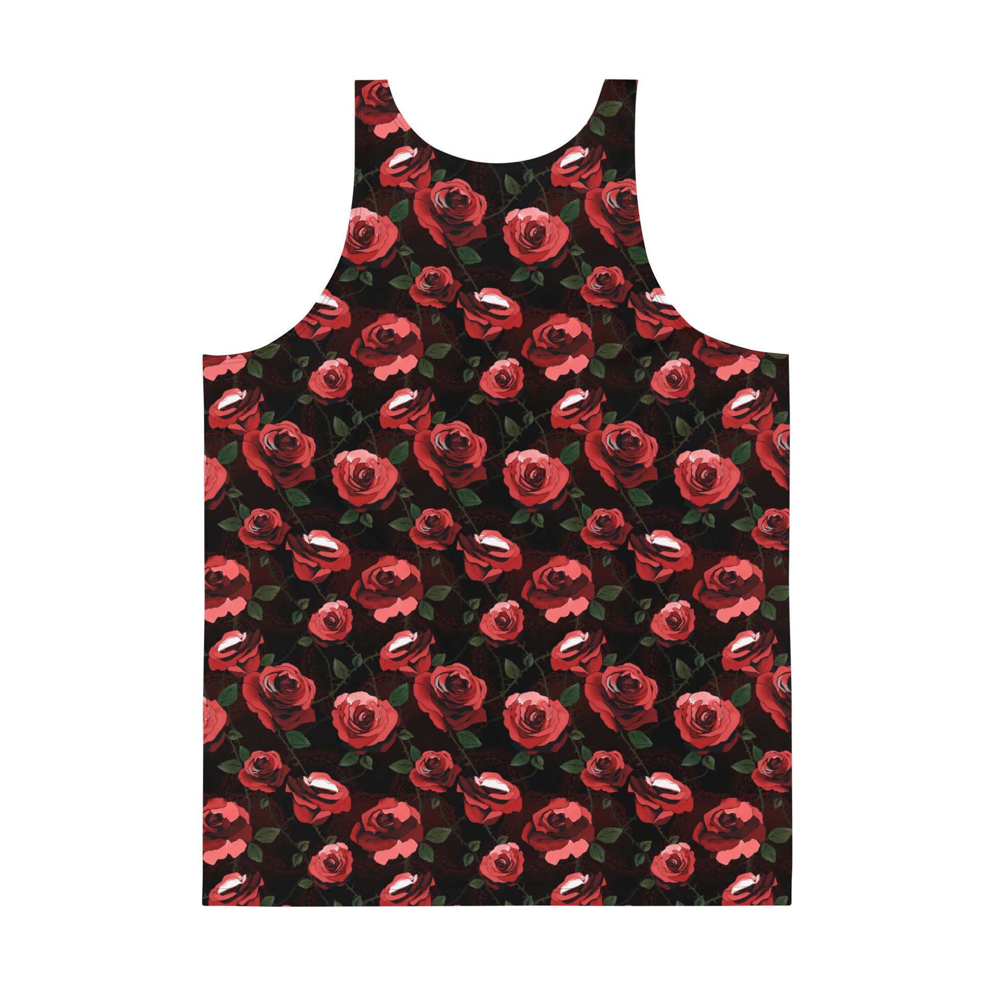 Men's Enchanted Rose Tank Top features a vibrant rose print, perfect for workouts or casual outings.