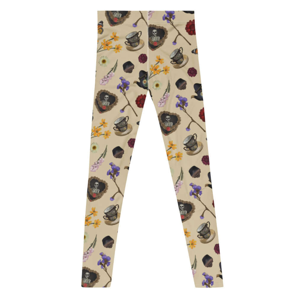 Stylish Men's Gothic Tea Time Leggings featuring a unique floral and skull print, perfect for your active lifestyle.