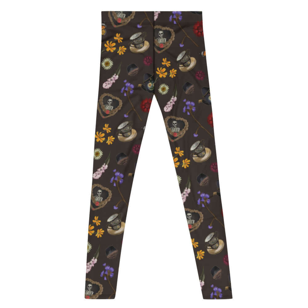 Stylish Men's Gothic Tea Time Leggings featuring a unique floral and skull pattern, perfect for active lifestyles.