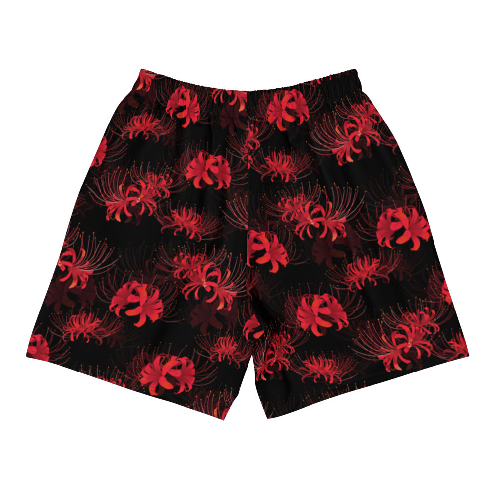 Men's Higanbana Athletic Shorts feature a vibrant floral design, perfect for running, swimming, and gym workouts.