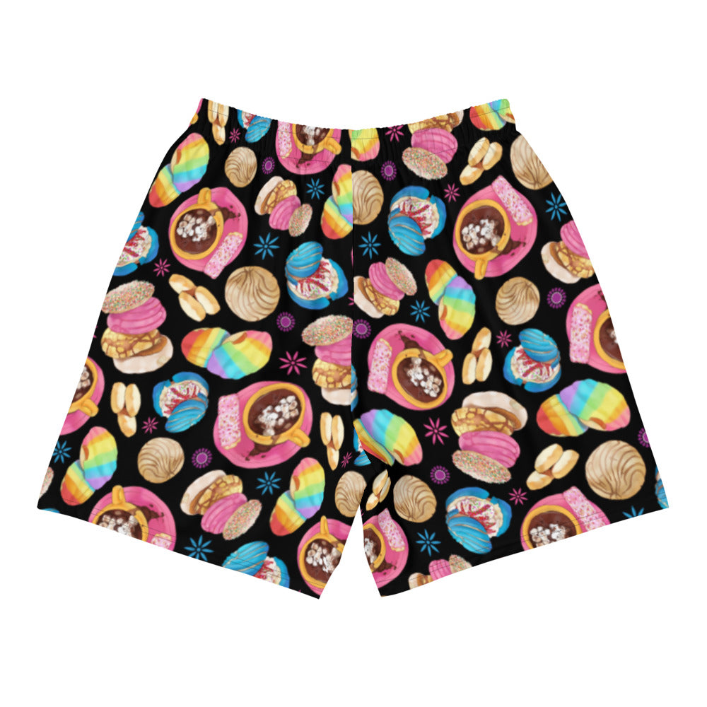 Brightly patterned Men's Pan Dulce Athletic Shorts, perfect for running, swimming, or weight-lifting activities.
