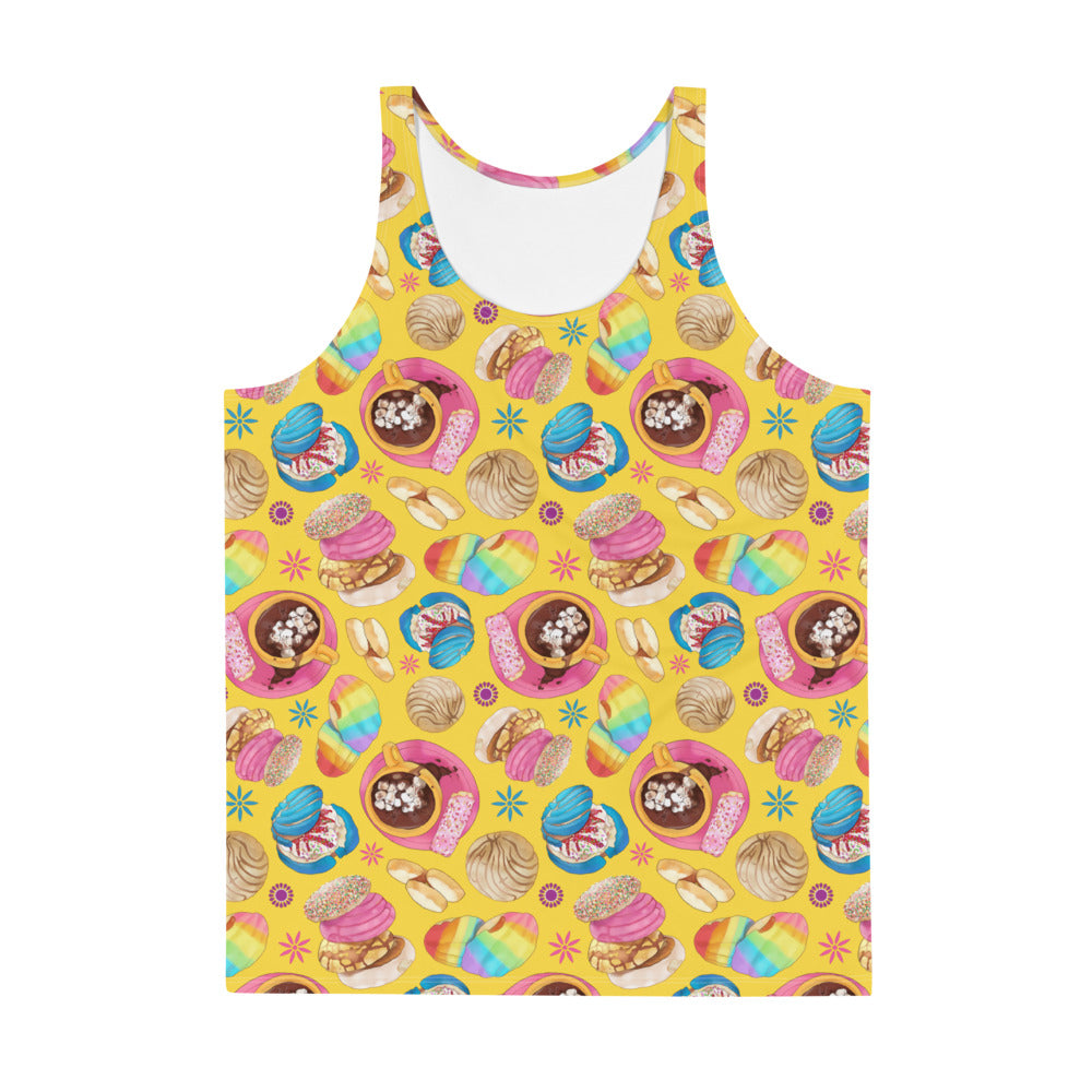 Colorful and vibrant Men's Pan Dulce Tank Top featuring a fun dessert pattern, perfect for a relaxed summer look.