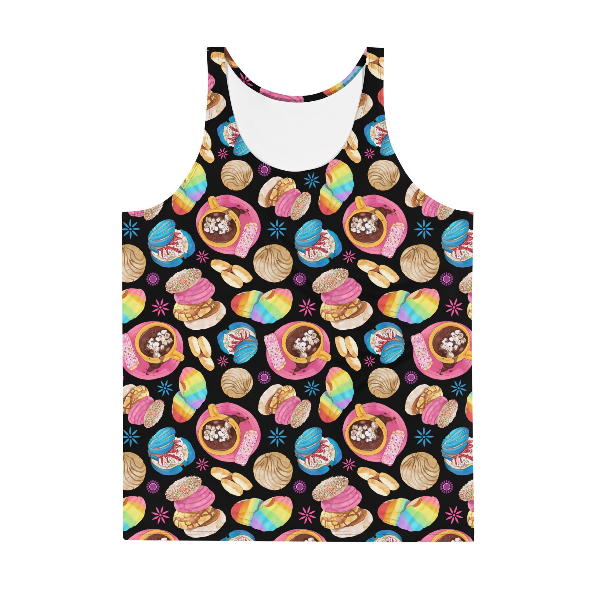 Vibrant Men's Pan Dulce Tank Top featuring colorful pastries, soft material, and a relaxed fit for ultimate comfort.