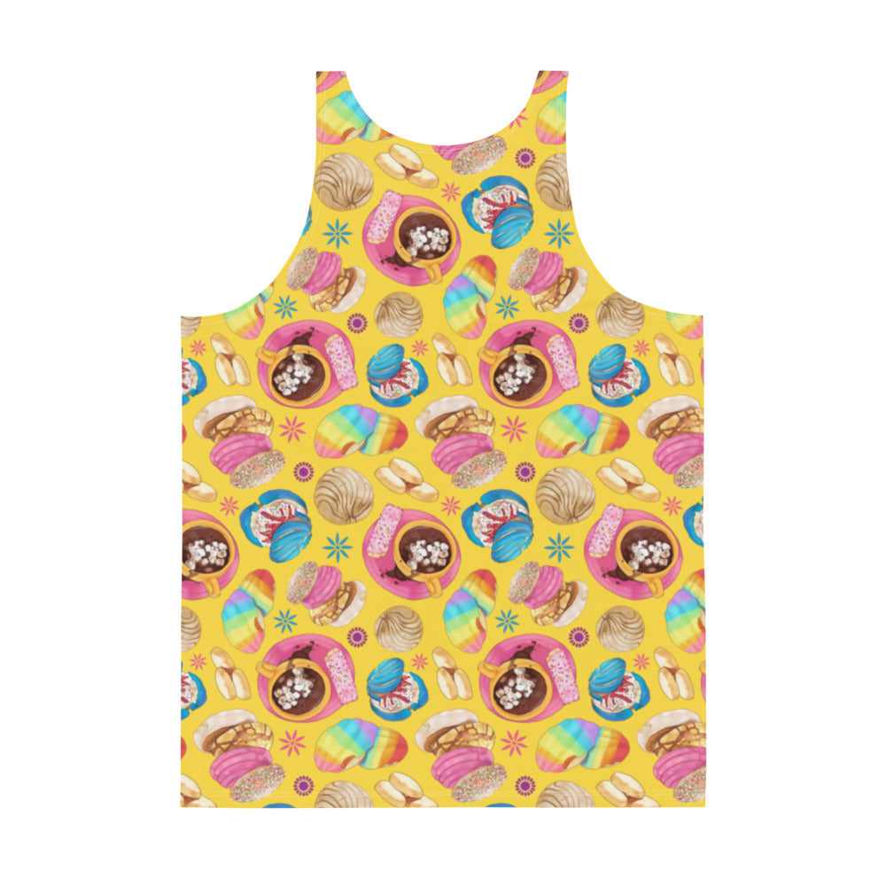 Vibrant Men's Pan Dulce Tank Top featuring colorful dessert patterns, perfect for a stylish, relaxed look.