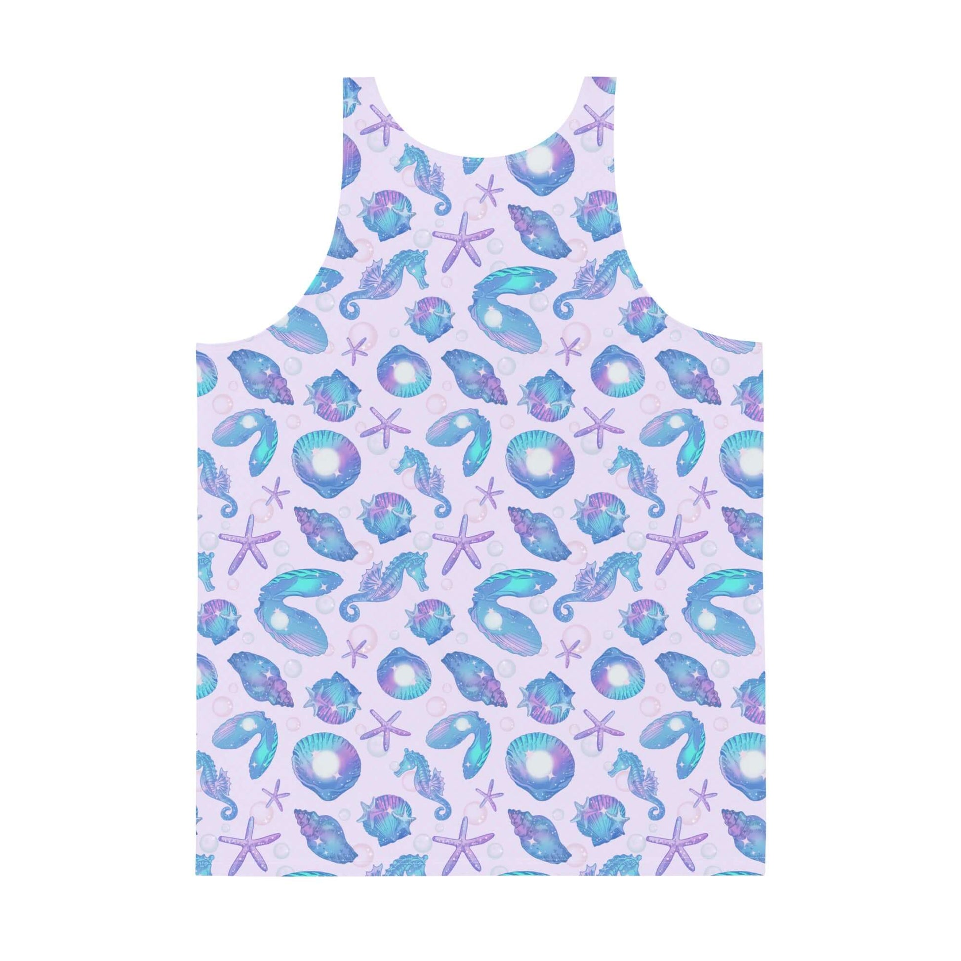 Vibrant Men's Sea Princess Tank Top featuring seashells and sea creatures, perfect for a relaxed summer vibe.