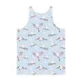 Men's Snow Bird Tank Top featuring a vibrant owl print on a soft, stretchy fabric for a stylish summer look.