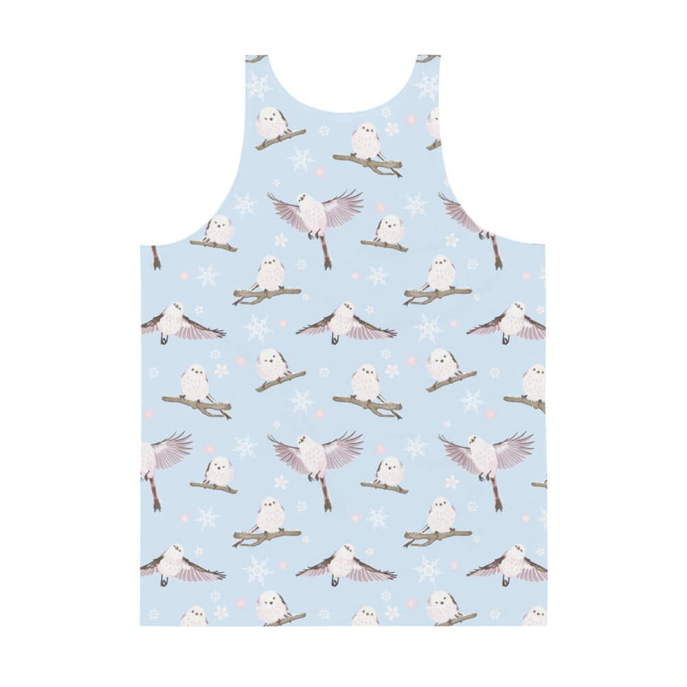 Men's Snow Bird Tank Top featuring a vibrant owl print on a soft, stretchy fabric for a stylish summer look.