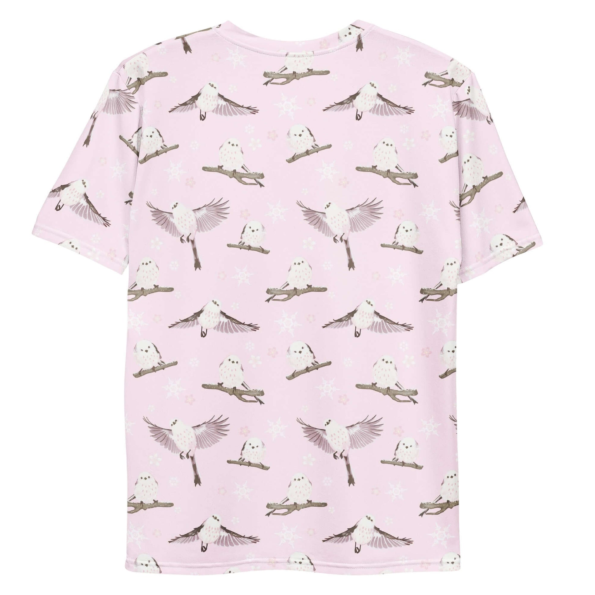 Men's Snow Bird T-shirt features a fun bird print on a soft, stretchy fabric, perfect for comfort and style.