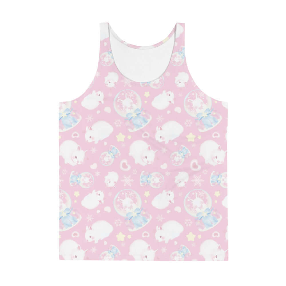 Men's Snow Bunny Tank Top featuring a fun pink design with bunnies and stars, perfect for a vibrant, relaxed look.