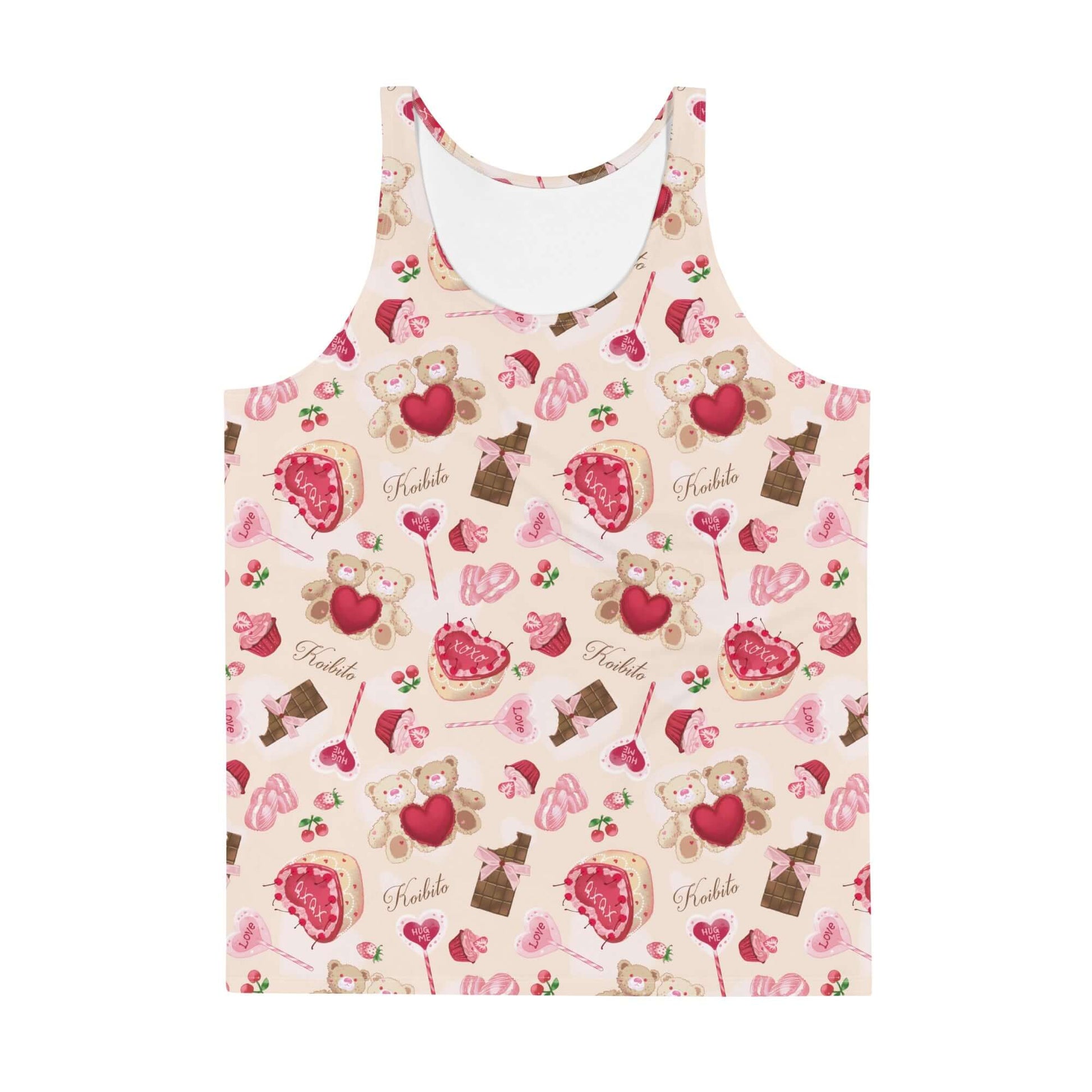 Colorful Men's Sugar Sweetheart Tank Top featuring a fun dessert pattern, perfect for a relaxed and stylish look.