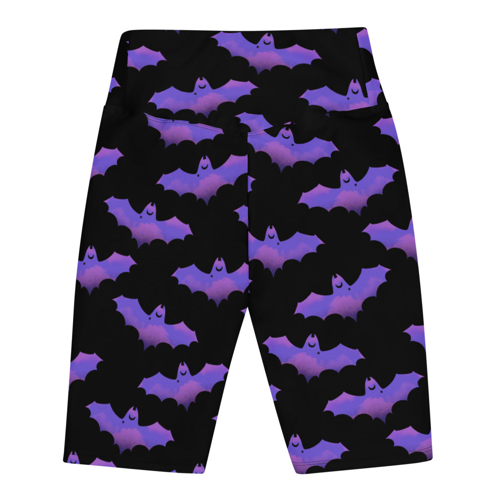 High-waisted Morrigan Biker Shorts featuring a unique bat print for stylish comfort and mobility in any outfit.
