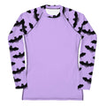 Morrigan Rash Guard in purple with bat designs, perfect for active wear and sun protection during sports.
