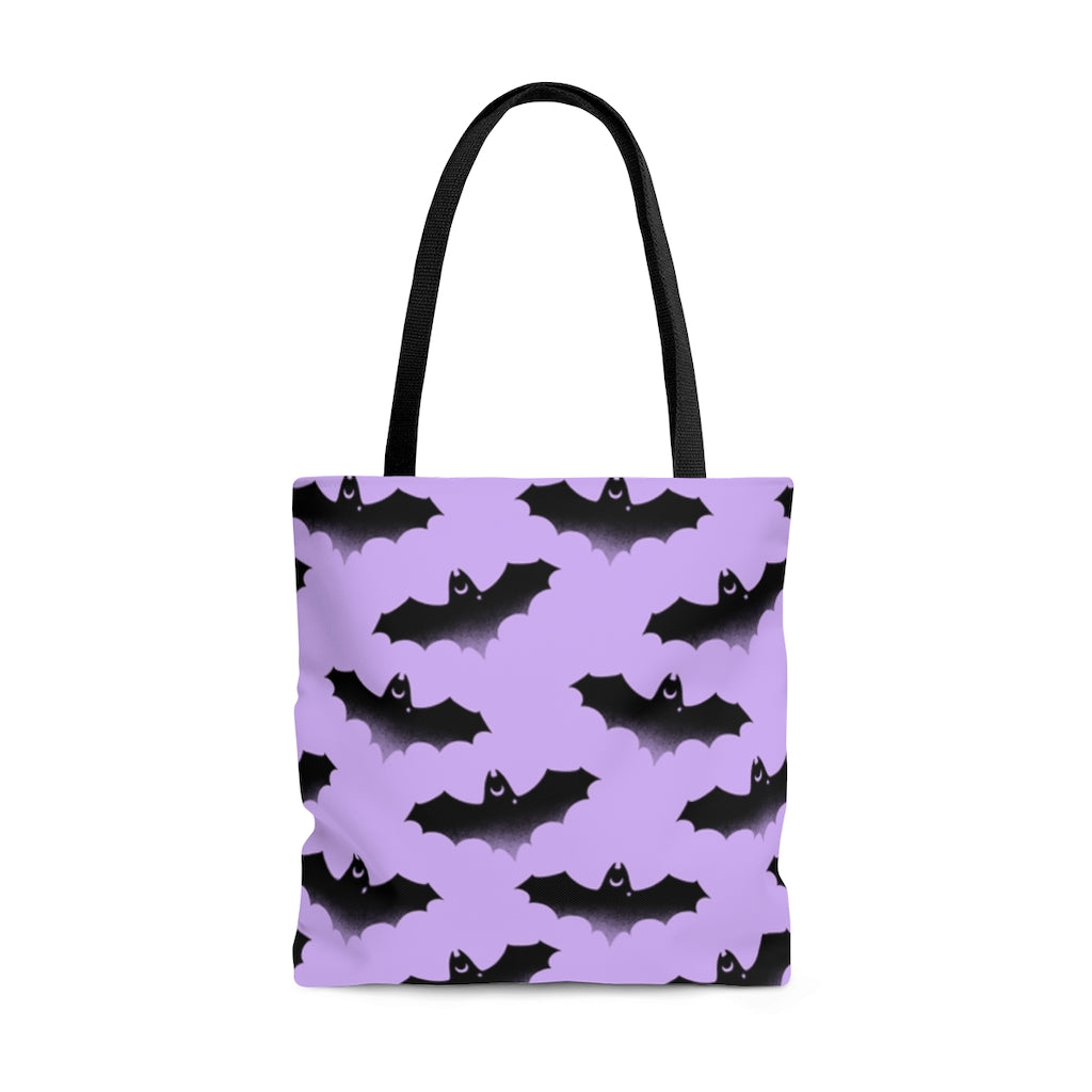 Stylish Morrigan Tote Bag (Black/Purple) features a unique bat design, perfect for any outfit or occasion.