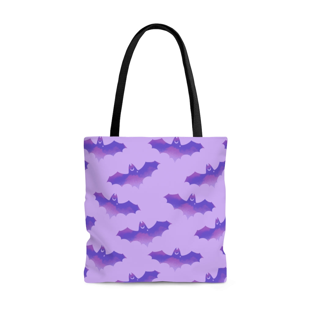 Stylish Morrigan Tote Bag (Purple/Purple) featuring a playful bat design, perfect for gym or night out outfits.