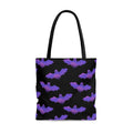 Stylish Morrigan Tote Bag (Purple/Black) featuring a unique bat design, perfect for daily outfits or night outings.